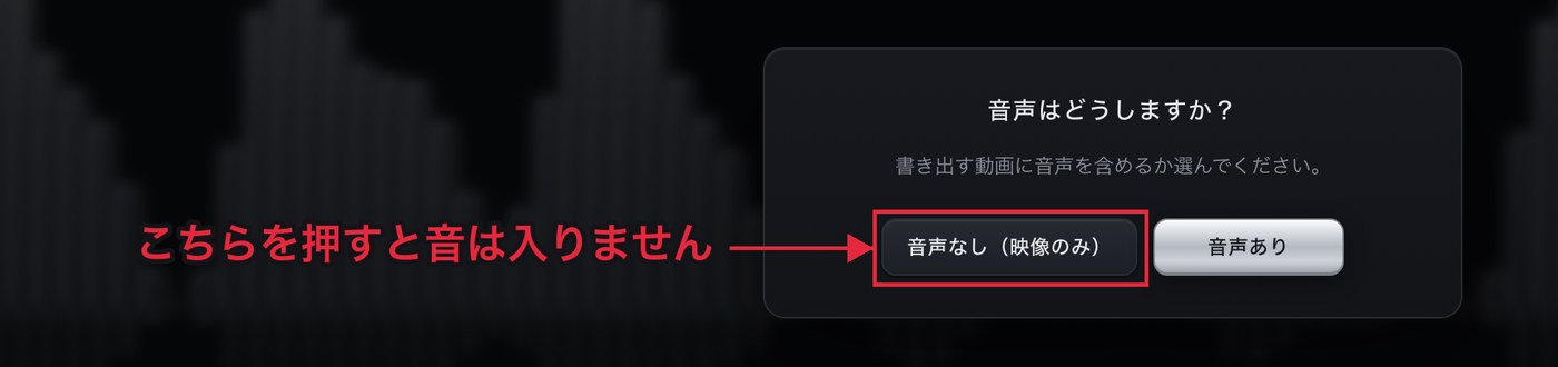 動画を書き出す前に音声あり・音声なしを選ぶ確認画面